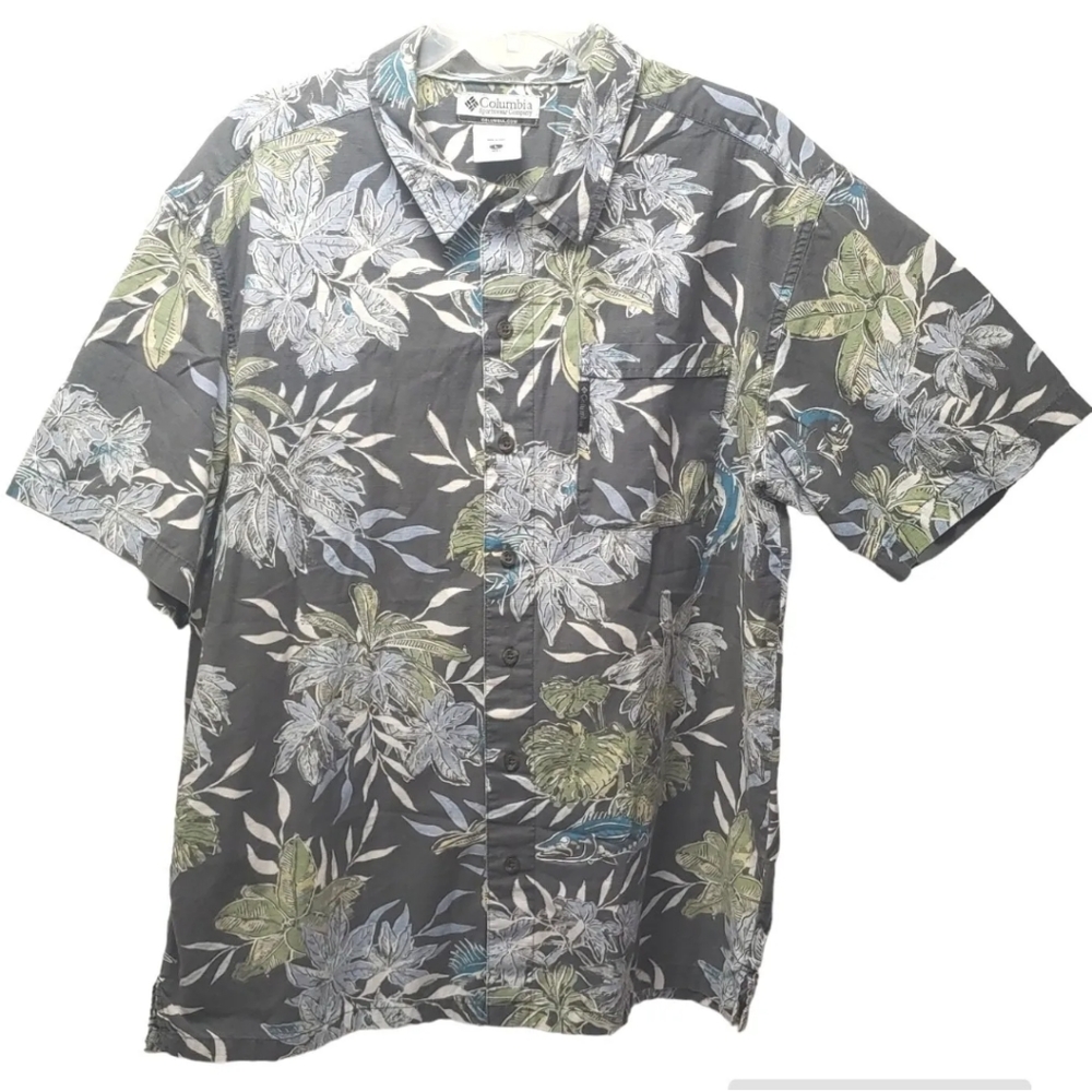 Columbia Aloha Hawaiian Shirt Tropical Floral Swordfish Black Button Front Large